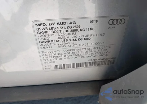 2019 Audi Sq5 3.0T Premium from USA, damaged, VIN WA1B4AFY6K2076615